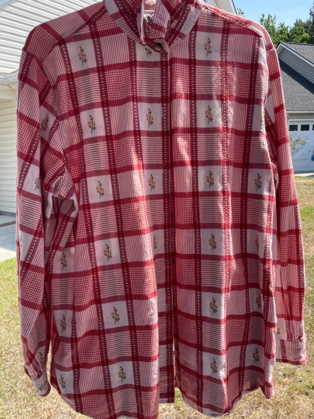 Victoria Jones Woman Red Plaid Button-Down Shirt with Floral Motifs